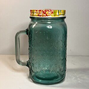 The Pioneer Woman SUNNY DAYS 32oz Glass Mason Jar Mug w/ Metal Lid Turquoise